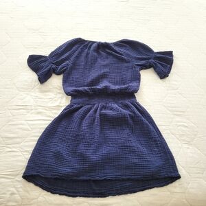 Michael Stars Short sleeve Smocked Waist Open Neck Navy Peasant Minidress Sz M
